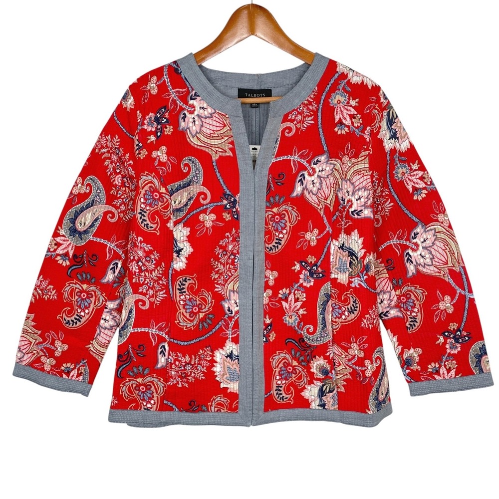 Talbots Womens Red Paisley Floral Quilted Jacket L Pockets Coastal Cottagecore